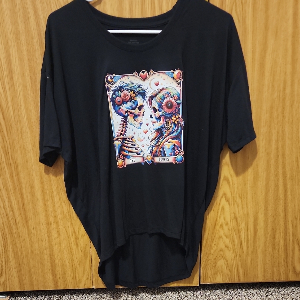 Black Graphic Tee with Colorful Skeleton Design